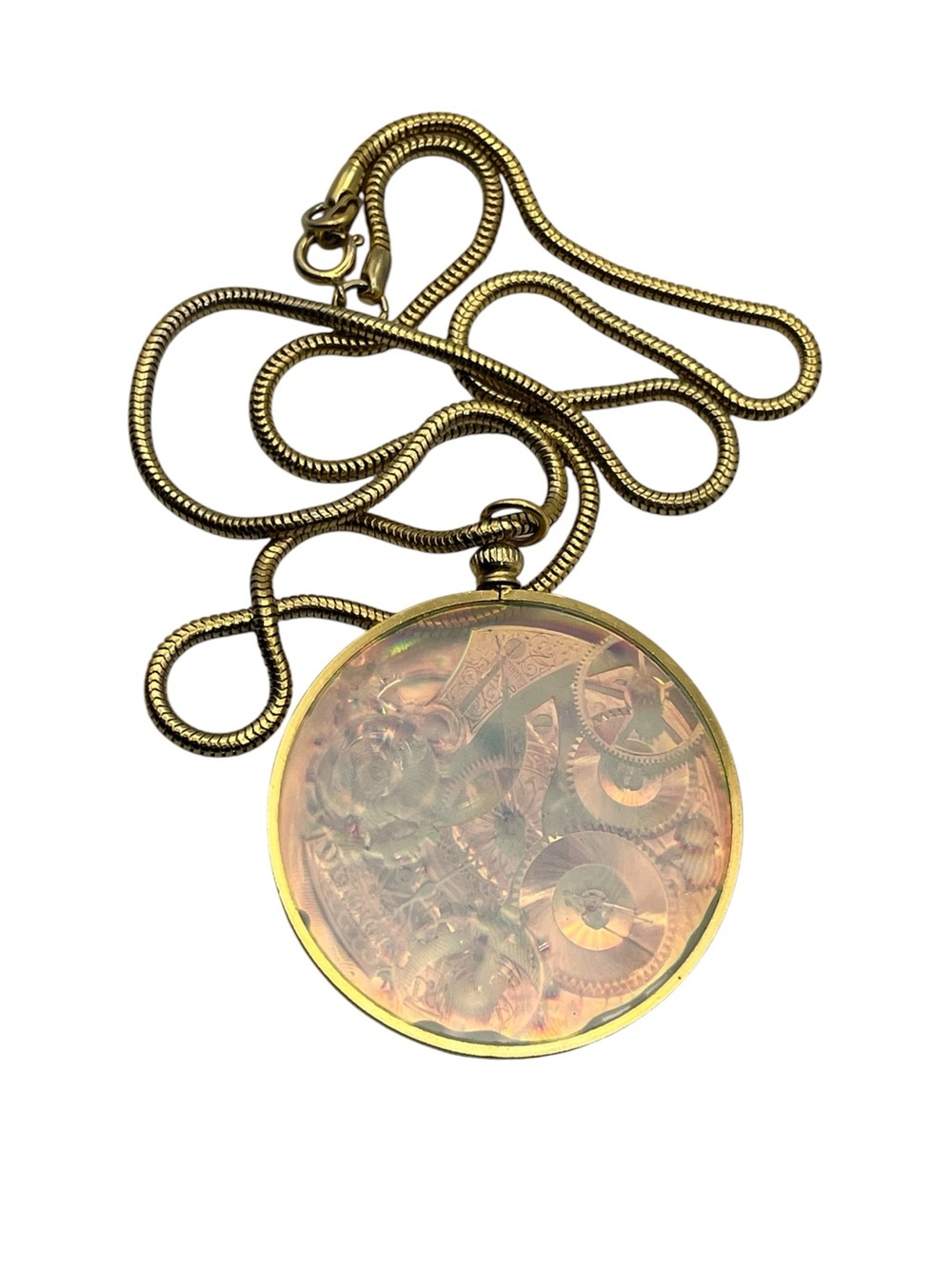 Hologram watch gear gold tone pendant on snake chain necklace vintage